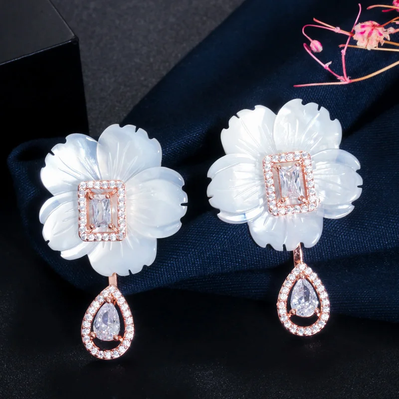 CWWZircons Natural Designer Shell Flower Cubic Zirconia Stone Big Long 585 Rose Gold Drop Earring for Women Trendy Jewelry CZ624
