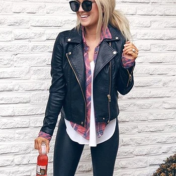 

Ladies Biker Jacket Vintage Black Leather Jacket Fashion Side Zip Lapel Outwear Autumn Winter Coat Ladies Tops Clothing NEW