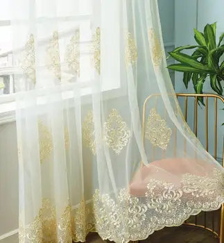 

High-End Embroidered Gold Tulle Curtains for Living Room luxury loyal yellow Sheers curtain window treatment Cortinas