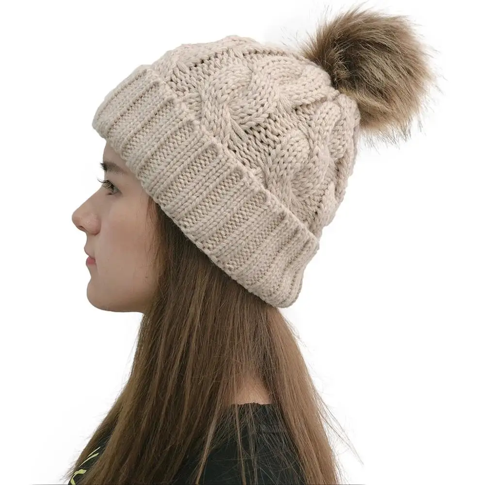 New Simple Winter Hat Wool Fur Beanie Outdoor Plush Ball HatsKnit Beret Beanie Cap Winter Skullies Warm Gorros Female Cap