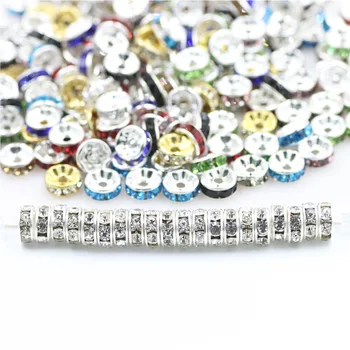 

100/200pcs White Rhinestone Rondelles Crystal Metal Beads 6/8mm Big Hole Spacer Beads for DIY Jewelry Making Accessories Finding