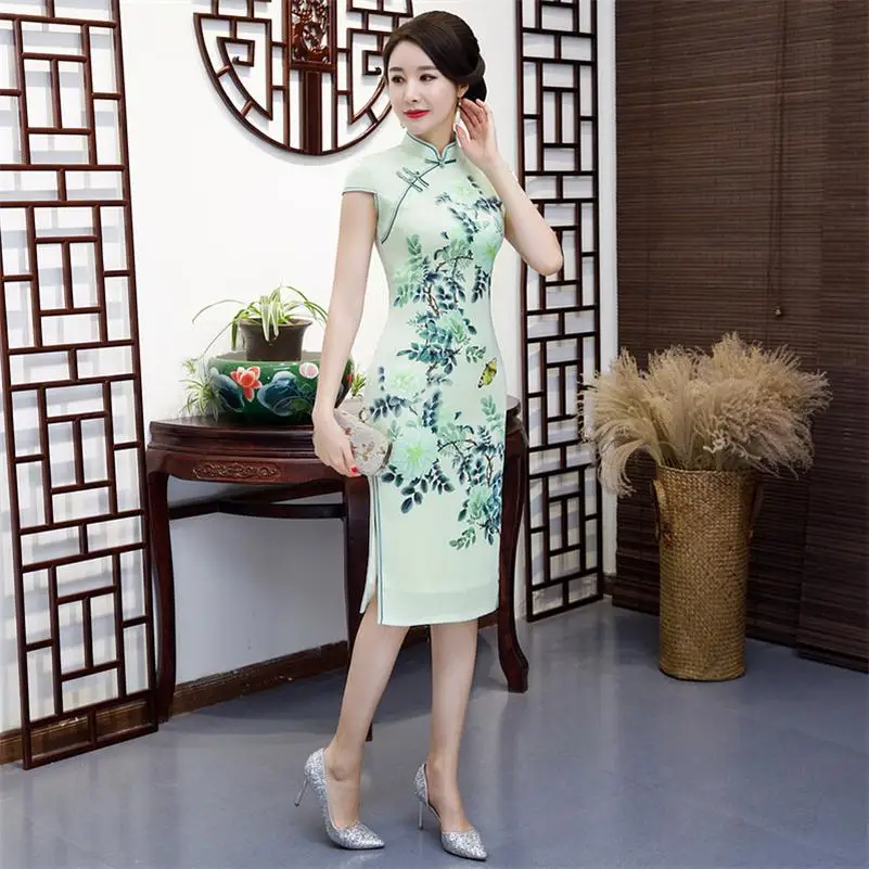 Пикантные узкие принт Qipao ручной работы и пуговицы китайское платье китайский женский халат со стоячим воротником, с цветочным принтом M-4XL