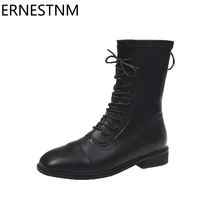 ERNESTNM/осенне-зимние ботинки женские черные сапоги до середины икры из искусственной кожи высокого качества обувь без застежки на квадратном каблуке Bota Feminina