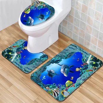 

T London Style 3 Piece Bath Mat Set Dolphin Toillete Seat Cover Anti-slip Carpet Bathroom Mat Set 3D Kitchen Bedroom Door Mat