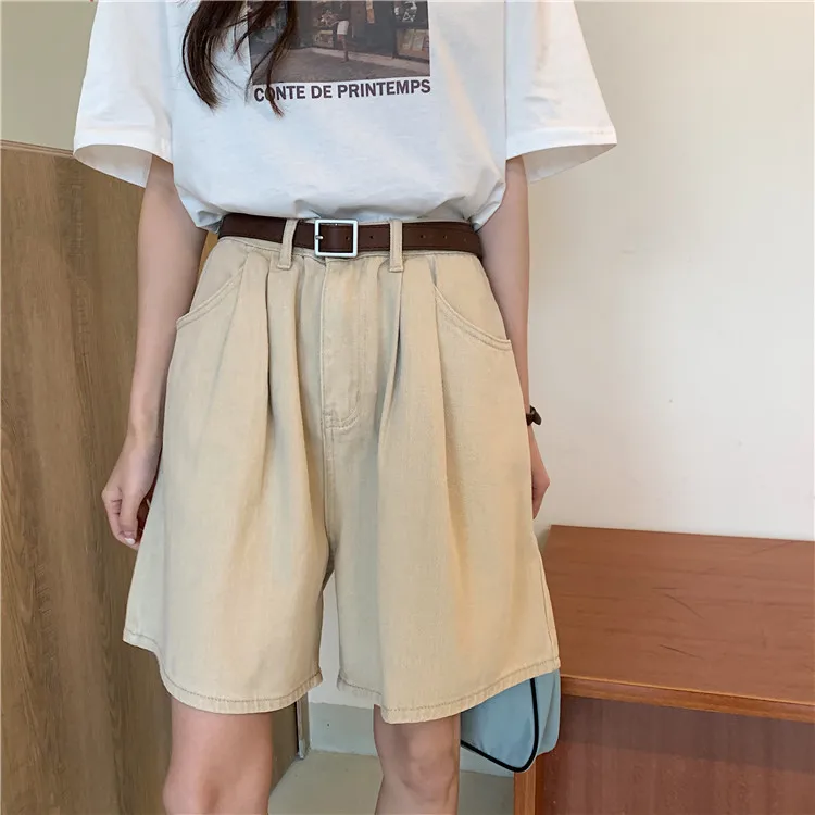 Women's Denim Shorts Rolled Hem Pleated Summer Jeans Short Super Loose Hot Shorts Pockets Jeans Beige Holiday Beach Trendy Wear