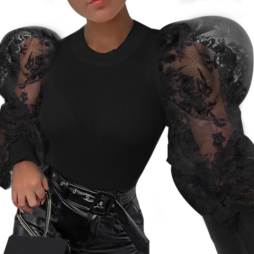 

OEAK Autumn New Women Ladies Sheer Mesh Puff Long Sleeve Shirt Loose Casual Blouse Top Turtleneck Dot Party Clubwear Clothes