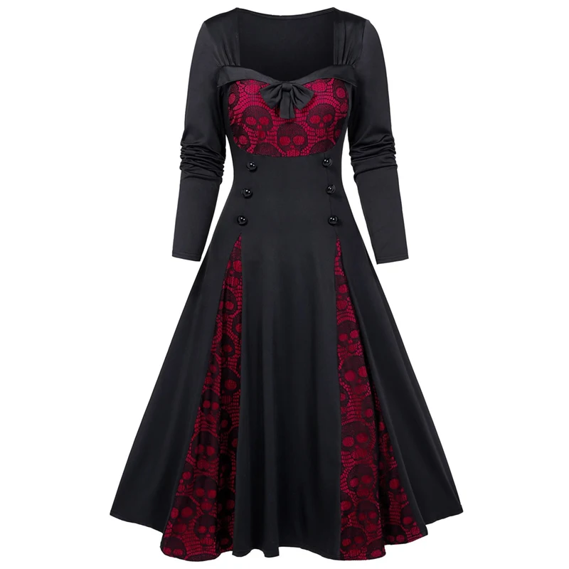 

ImliyBela Vintage gothic Long Dress Women Casual Long Sleeve Bowknot Button lace patchwork A-line Maxi Dress High Waist Vestidos