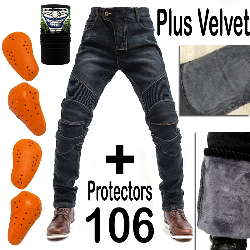 Plus velvet Black106 Ветрозащитный зимний теплый мотоцикл из кевлар плюс вельветовые джинсы брюки повседневные мужские мотоциклетные брюки мотокросса дорога Колено защитный - Цвет: Plus velvet Black106