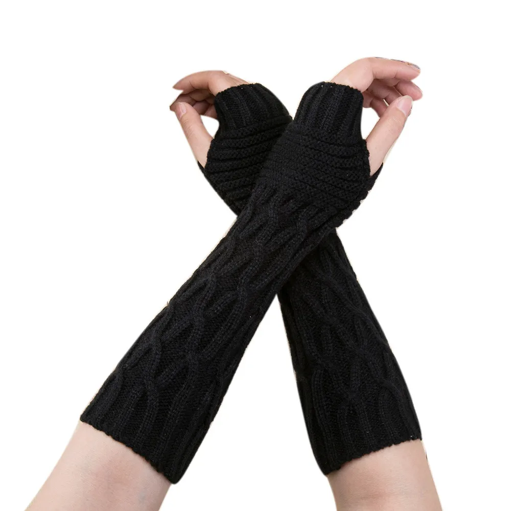 Варежки без пальцев Вязаные твист зимние теплые мягкие модные теплые женские перчатки длинные руки повседневные перчатки для женщин осенние прямые поставки - Цвет: Черный