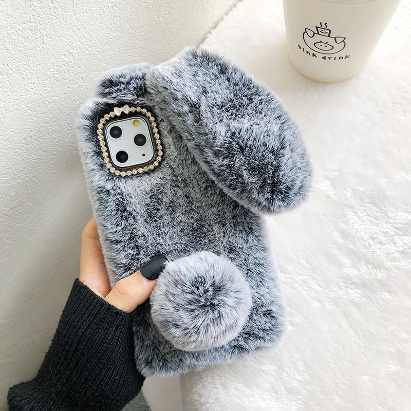 Popularity Cute Rabbit Ears Fur Plush Diamond Phone Case Compatible for iPhone Xs 11 Pro Max XR X 6 6S Plus 4 4S 5 5S SE 5C 7 8 Plus Furry Case Cover,Compatible for iPhone 11,Brown