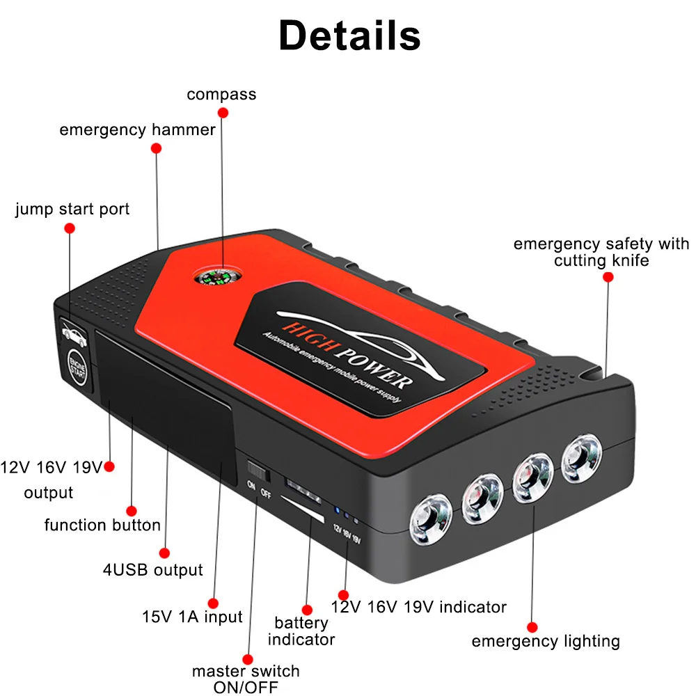 Портативный светодиодный стартер для автомобиля 18000 мАч 4usb 12 В 600 А аварийный