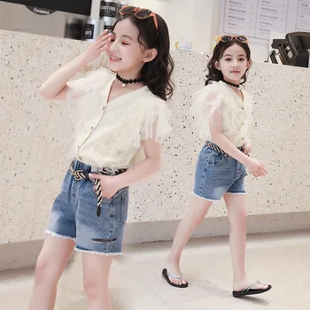 

Children's Summer Clothes Baby Girl Short Set Fashion V-Neck Shirt + Denim Pants 2pcs Kids Casual Clothing