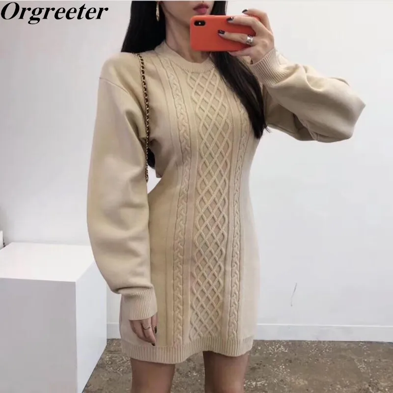 

Korean New Fashion Solid Sweater Dress Chic Hollow Out Back Twist pattern Package hip Knit Mini Dress O-neck Long Sleeve Casual Dress