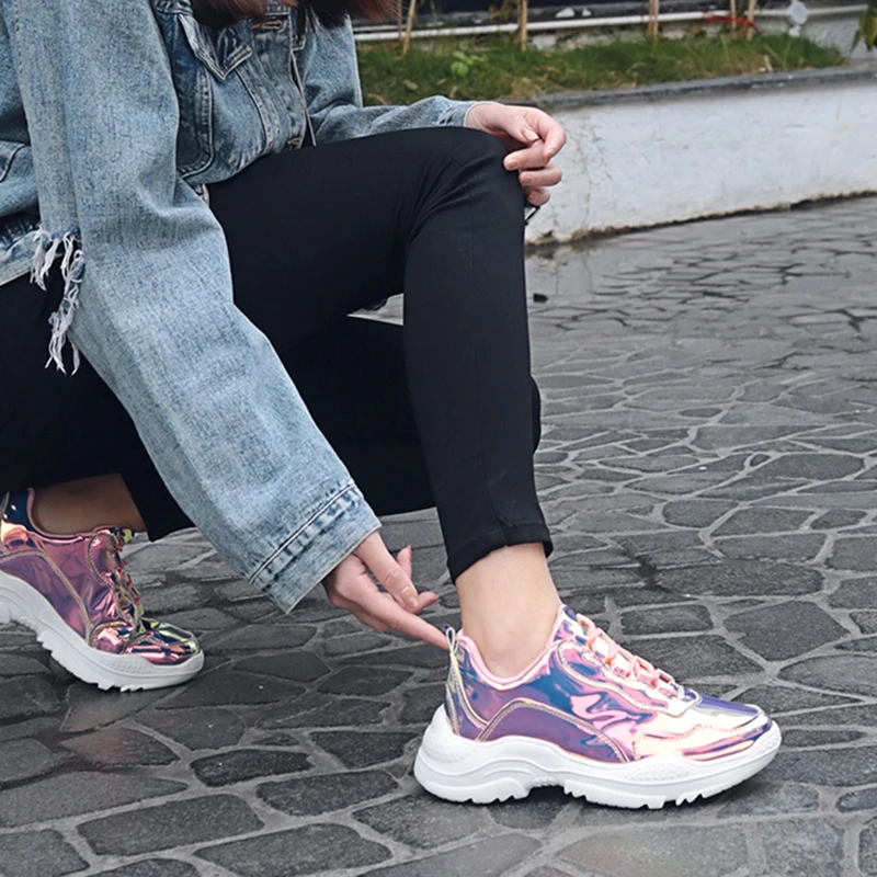 [DEAT] Round Toe Bandage Laser Pu Leather Casual Sport Single Wedges High Heels Shoes Women New Spring Autumn Fashion 10D866