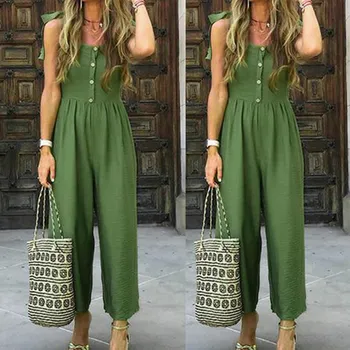 

2019 Green Summer Casual Jumpsuit Womens Solid Color With Buttons Shoulder Strap Bandage Jumpsuit Overalls
