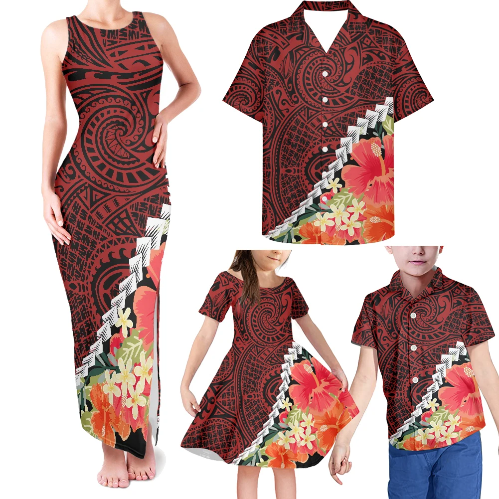 thumbnail image 1 of HYCOOL Vestido de fiesta con hombros descubiertos para mamá y yo, ropa tribal polinesia, conjunto familiar, atuendo a juego para papá y niña para Navidad, 1 of 5