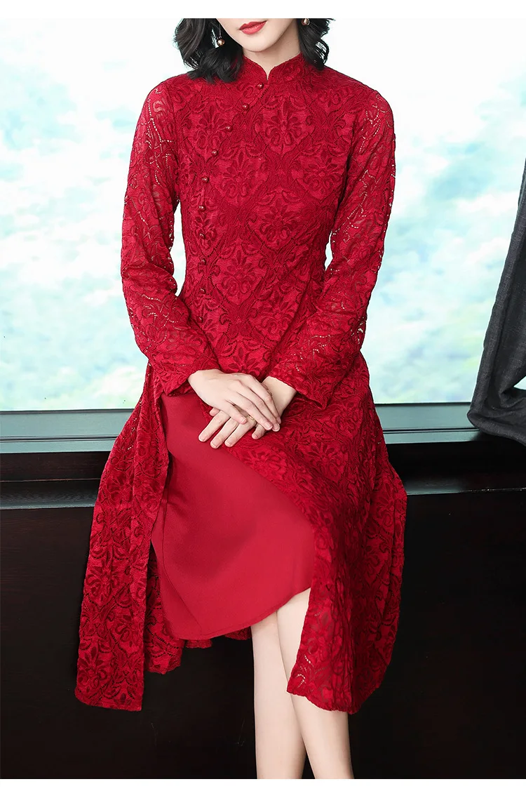 Spring Clothing Large Size Dress Chinese-style Dignified Glorious Mom Modified Version Lace Dress