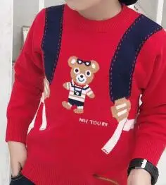 red kids sweater cotton sweater bear pattern backpack pattern knitted cute toddler baby sweaters - Цвет: red