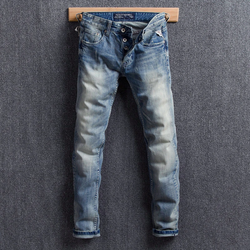 

2020 Newly Designer Men Jeans Light Blue High Quality Slim Fit Vintage Jeans Men Denim Pants Italian Style Fashion Jeans Homme