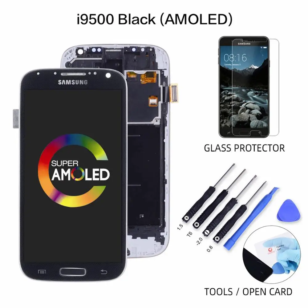 ЖК-дисплей для SAMSUNG S4, сенсорный ЖК-экран, дигитайзер для SAMSUNG Galaxy S4, ЖК-дисплей GT-i9505 i9500 i9505, синий, белый - Цвет: i9500 Black AMOLED