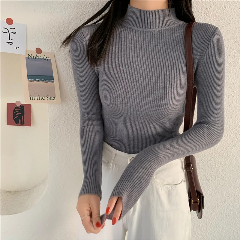 white sweater 2021 Spring Women long sleeve Turtleneck Elasticity Casual Jumper pull sweaters office pullover korean Female Top shirts cardigan