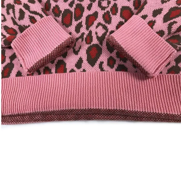 

2019 Autumn And Winter New Style Western Style Leopord Pattern Sweater Pure Cotton Childrenswear Girls Crew Neck Pullover Knitti