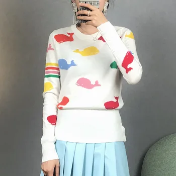 

New colorful whale jacquard Pullover Top slim round neck versatile women s T shirt