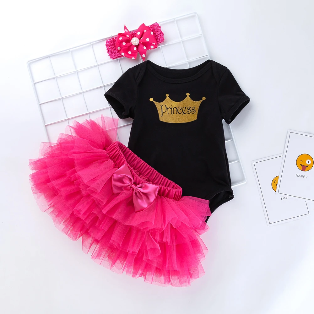 3Pcs Tutu Kids Newborn Romper Clothing Sets headband short-sleeved romper six-layer gauze dress bodysuit 0-2T Tutu Baby Clothes