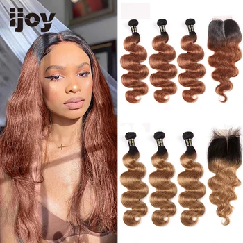 

Ombre Straight Human Hair 3 Bundles With Closure 4x4 Lace #27 M Honey Blonde 8“-26“ M Brazilian Hair Weave Bundles Non-Remy IJOY