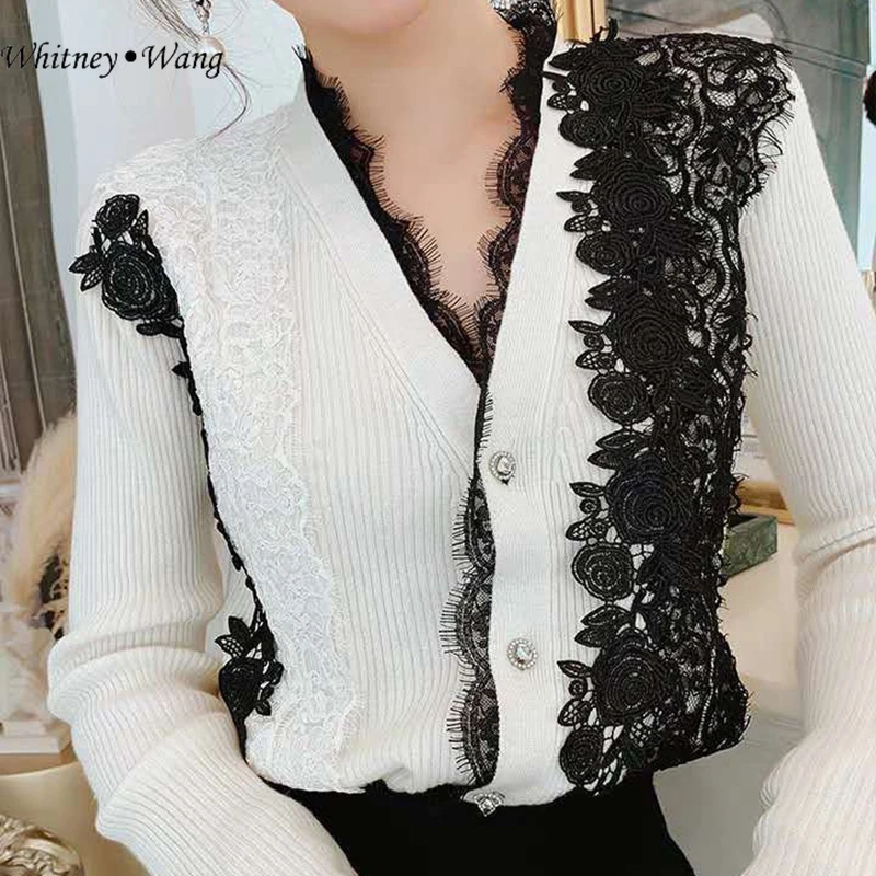 WHITNEY WANG Осенняя мода уличная цвета контрастная кружевная Лоскутная женский кардиган джемпер sueter mujer invierno