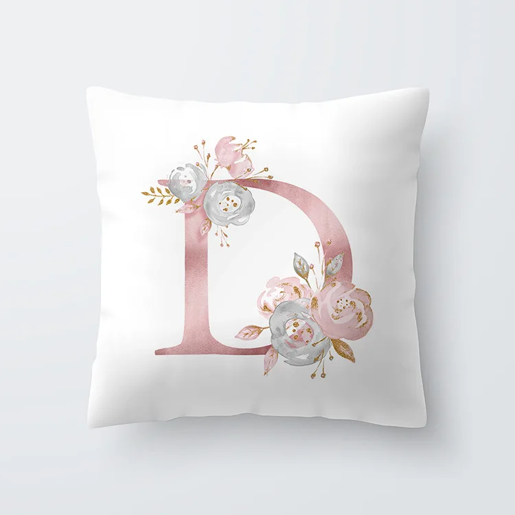 Pink Letter Decorative Floral Pillow Gold Alphabet Cushion for Sofa Polyester Pillowcase Decoration Salon 