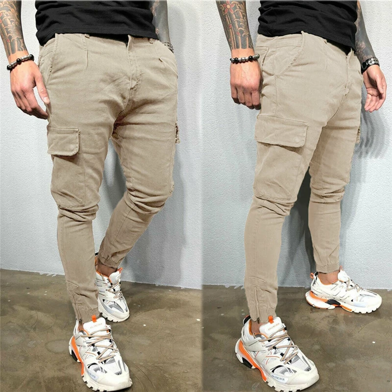 Новые мужские модные брюки-карго хип-хоп с карманами, облегающие длинные брюки, мужские весенне-осенние джоггеры, повседневные однотонные узкие брюки, большие размеры