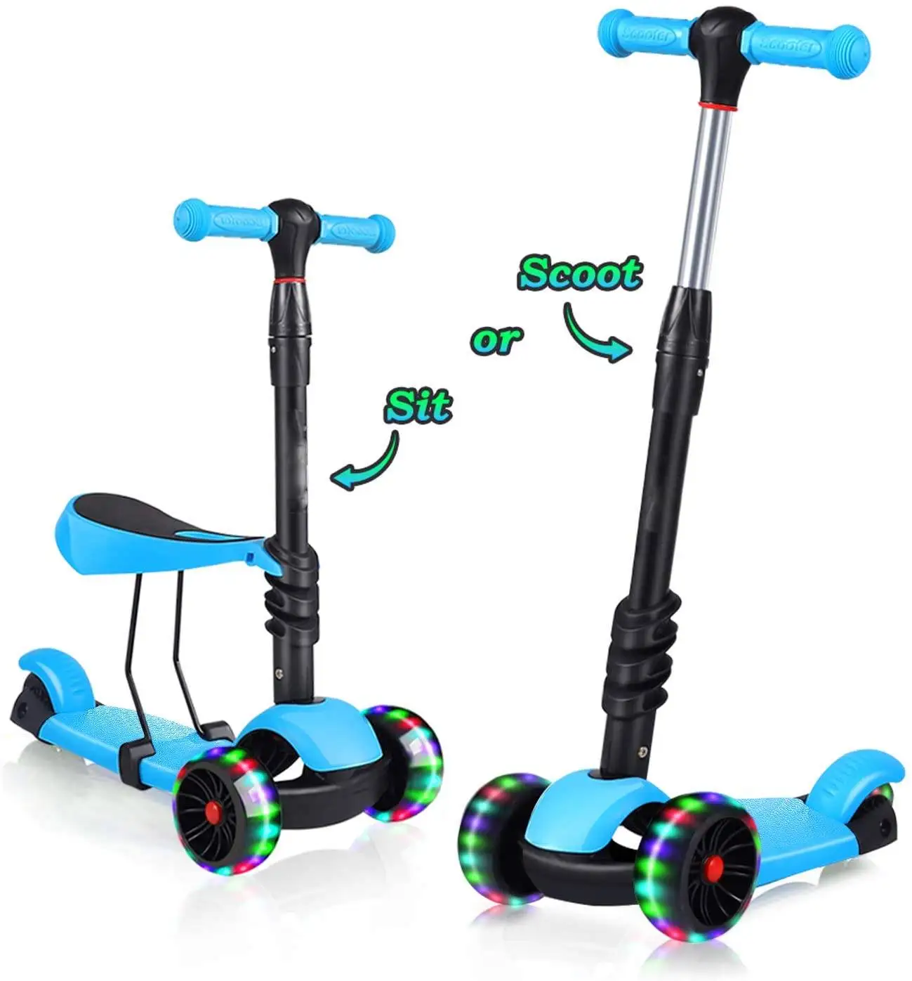 Scooter a 3 ruote per bambini Step Scooter bambini con sedile rimovibile  grandi ruote a LED manubrio regolabile in altezza per bambini piccoli