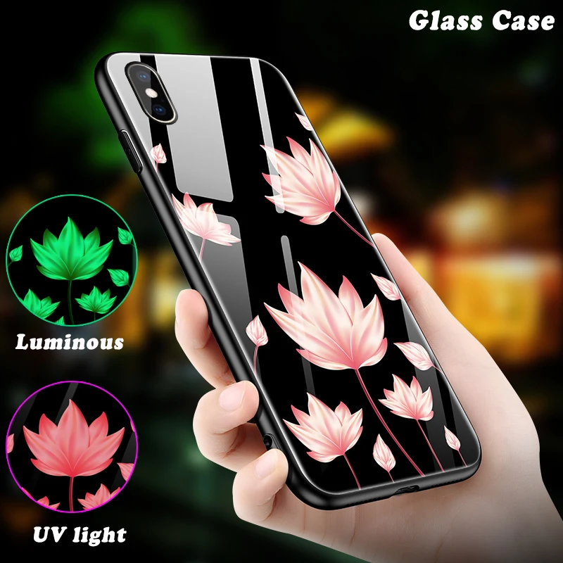 Luminous Glass Case For iPhone X XR XS Max 8 7 Plus 6 6S Phone UV Light Color Change Back Cover Flower Patterned Coque |