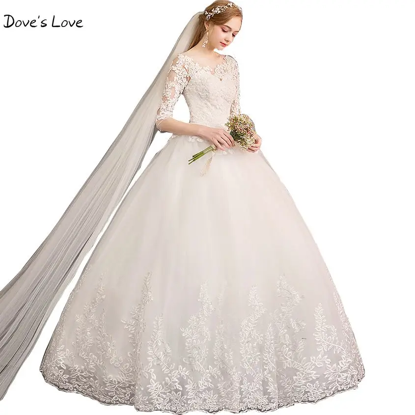 

Wedding Gowns 2020 Mariage Lace Three Quater Long Sleeves Ball Gown Scoop Bride Dresses Ivory Floor Length Plus size Elegant