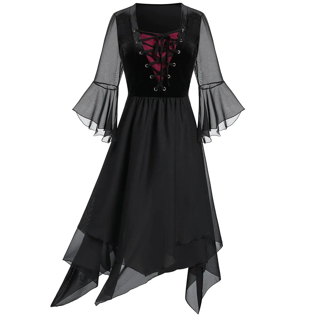 Trendy Gothic Style Dress Female Women Plus Size S-5XL Sheer Mesh Layered Lace Up Handkerchief vestidos ropa mujer | Женская одежда