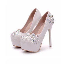 

Fashion women's slope heel lace flower wedding shoes waterproof platform round toe slope heel shoes one line buckle high heels