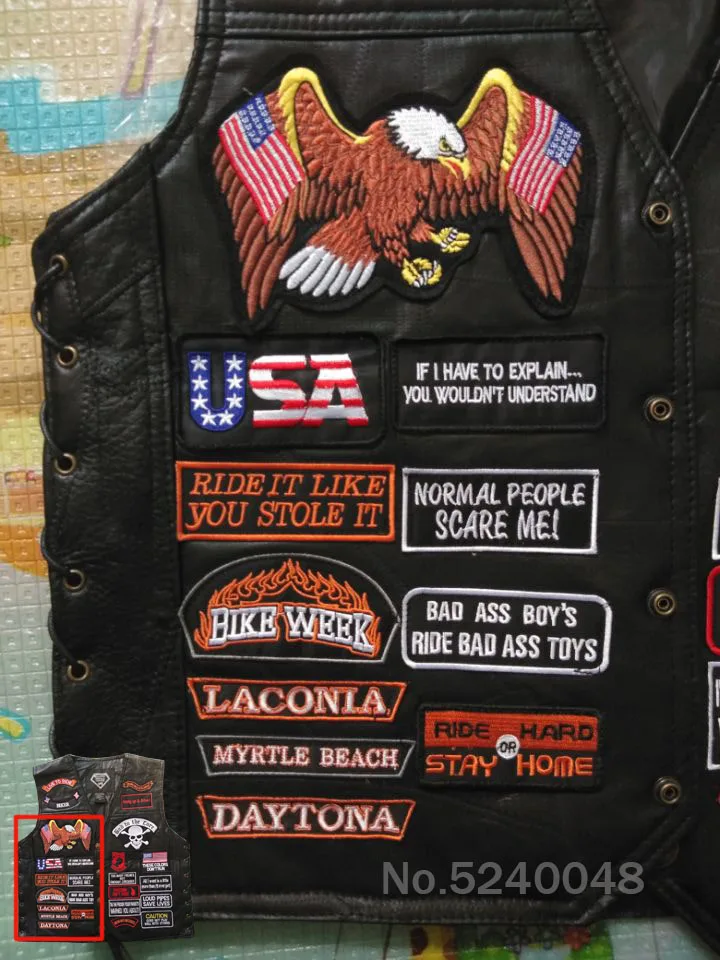 Натуральная кожа Harlly Moto Club Жилет флаг США Орел Вышивка значок Байкер жилет мужской жилет