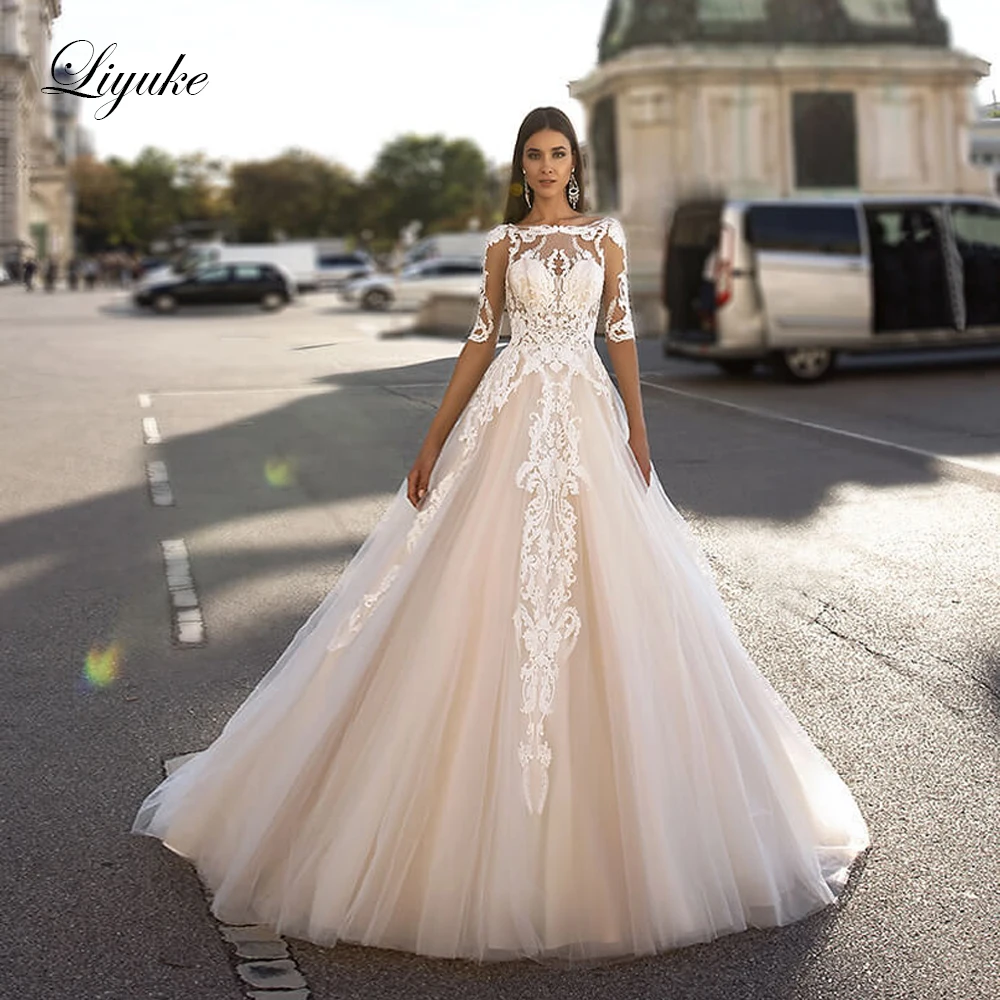 Liyuke декольте линии свадебное платье с нежным кружевом платье для невесты без спинки