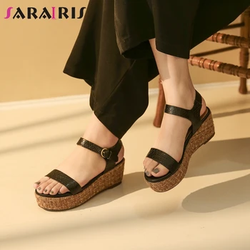 

SARAIRIS Platform Genuine Leather Wedges Mixed Color Sandals Women Casual Office Sandals Ladies Summer Shoes