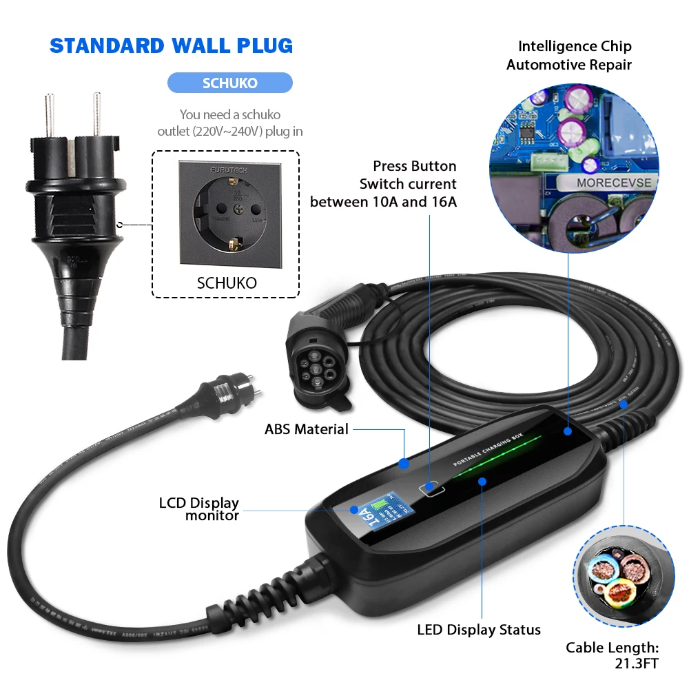 US $209.19 Morec Type 2 Portable EV Charging Box Cable Switchable 1016A Schuko Plug Electric Vehicle Car Charger EVSE 2236KW