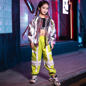 

Hip Hop Costumes Fashion Silver Leather Jacket Girls Street Dance Clothing Childs Jazz Modern Dancing Performance Wear DN4546