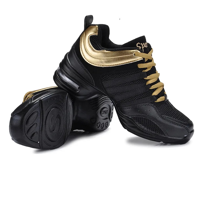 Женская танцевальная обувь из сетчатой ткани; дышащая танцевальная обувь для джазовых балетов; женские современные танцевальные кроссовки на мягкой подошве с воздушной подушкой - Цвет: Black Gold