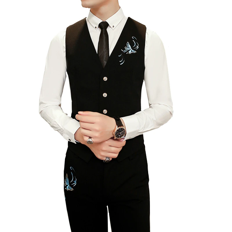 

Black Mens Embroidered Vest and Suit Pants 2020 Autumn Business Casual Vest and Trousers high quality Waistcoat