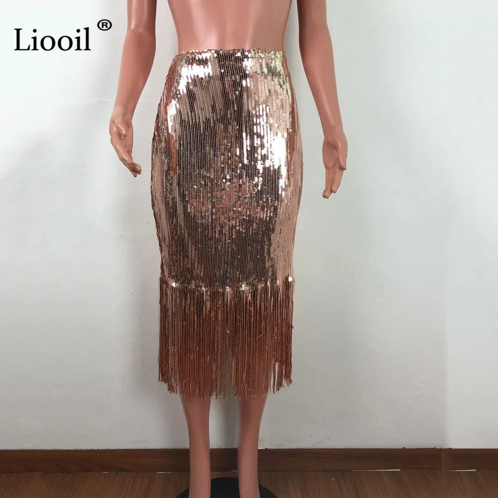 Liooil, золотая, серебряная, сексуальная, с блестками, с кисточками, юбка миди, для женщин,, высокая талия, облегающая, черные, вечерние, для клуба, юбки, женская одежда, наряды