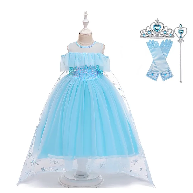 

Girls Birthday Party Anna Elsa Dress Halloween Christmas Princess Snowflake Costume Child Elza Anna Wig Crown set