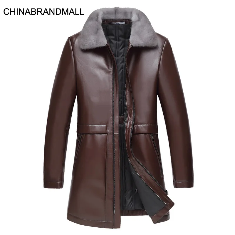 

Winter Men Medium Length Money Sheep Leather Genuine Leather Coat Fat Man Plus Fat Plus Size Mink Mao Collar Duck Down Down
