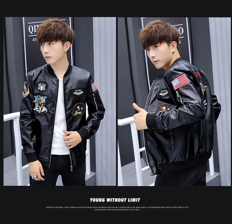Autumn MEN'S Leather Coat Embroidered Coat Slim Fit Leather Jacket Baseball Collar