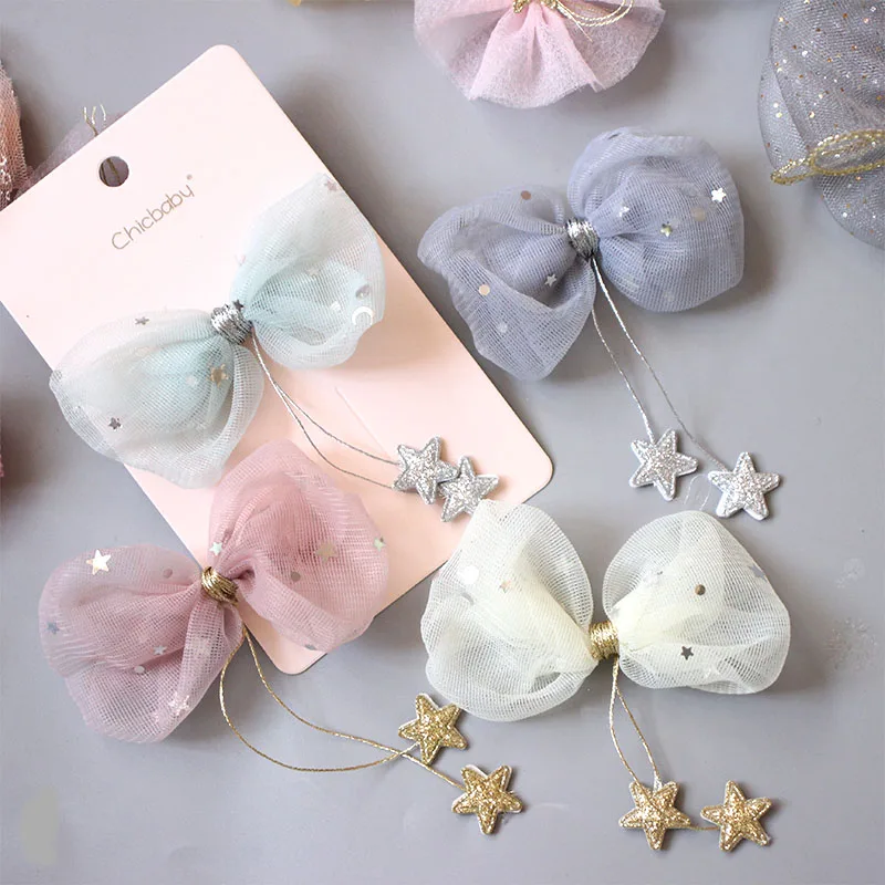 

South Korea new children's hair accessories star yarn hanging little star tassel bow hair clip girl's headdress pink hair clip