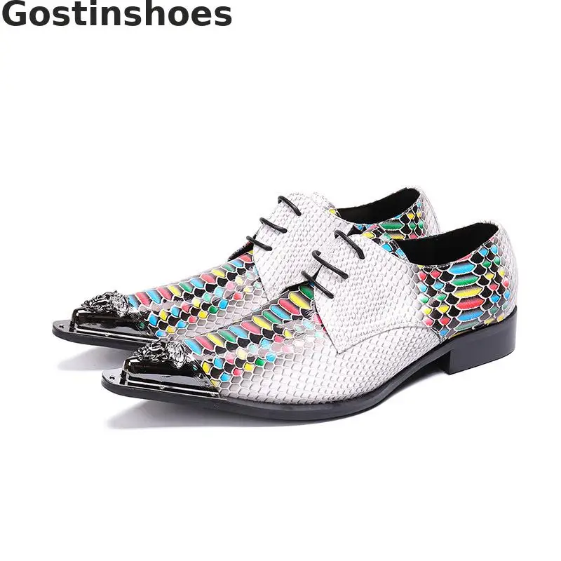 

Fashion Men Derby Shoes Colorful Snakeskin Printed And White Genuine Leather Patched Men Casual Leather Shoes Metal Cap Toe Lace